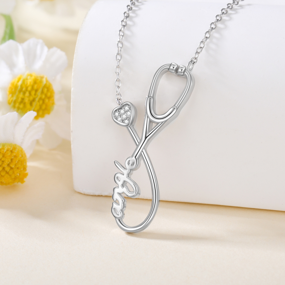 14K White Gold Lab Created Diamond Name & Stethoscope Pendant Necklace-4