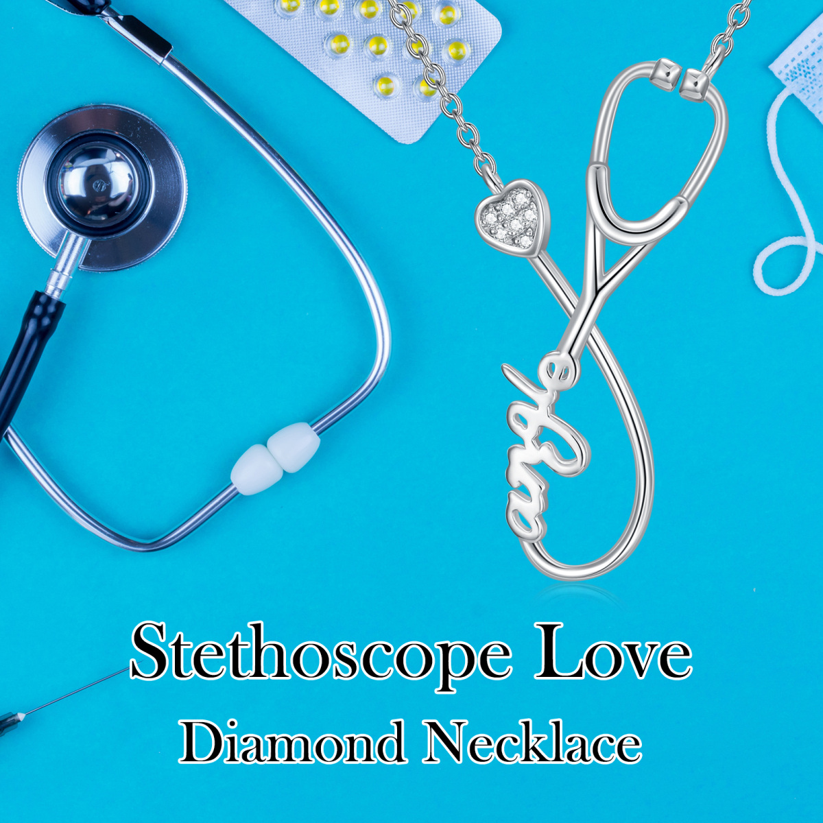 14K White Gold Lab Created Diamond Name & Stethoscope Pendant Necklace-6