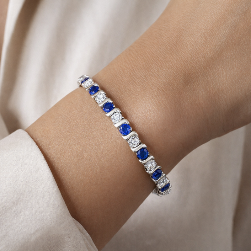 10K White Gold Laboratory Diamonds & Sapphire Tennis Bracelet-2