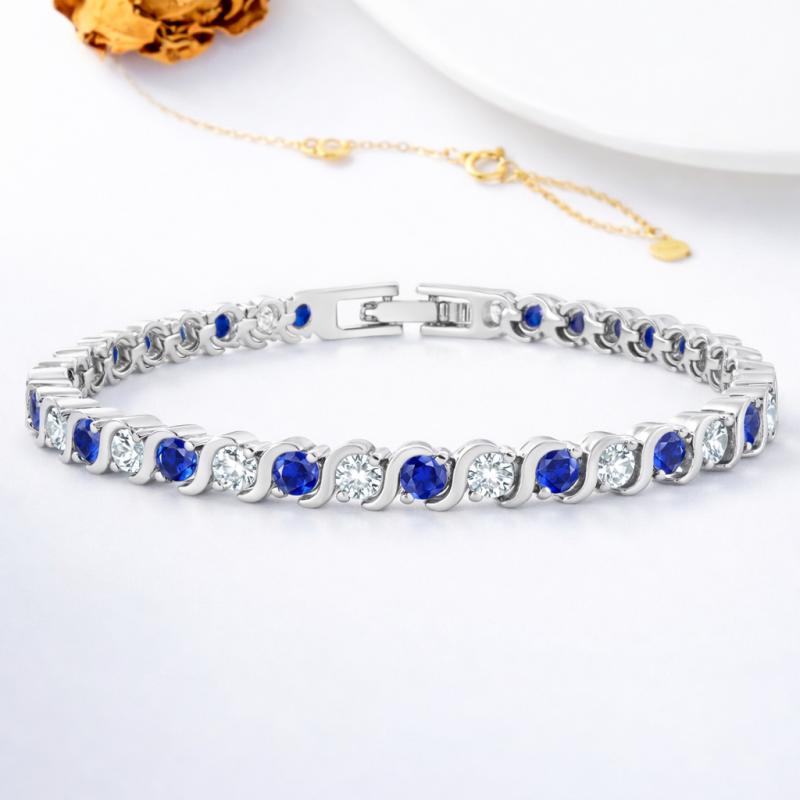 10K White Gold Laboratory Diamonds & Sapphire Tennis Bracelet-3