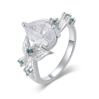 Sterling Silver Marquise Cut Leaves Engagement Ring-2