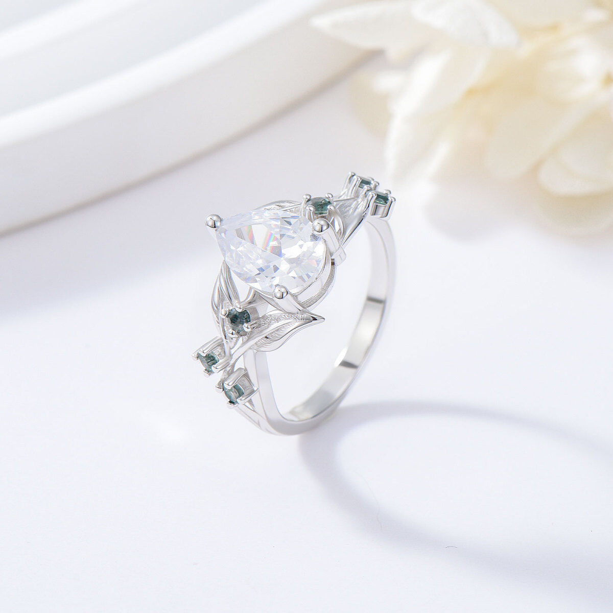 14K White Gold Marquise Cut Leaves Engagement Ring-3