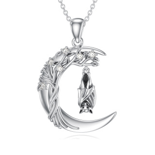 14K White Gold Moissanite Bat & Moon Pendant Necklace-1