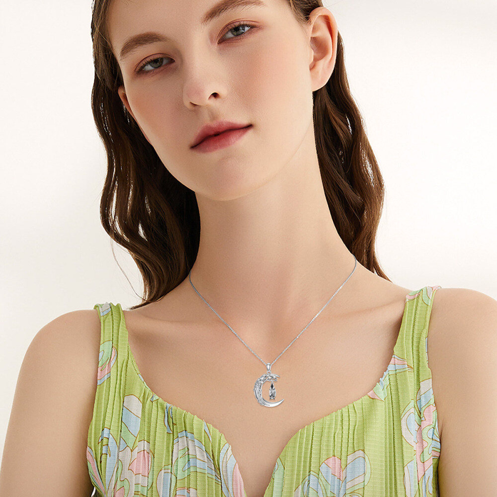 14K White Gold Moissanite Bat & Moon Pendant Necklace-3