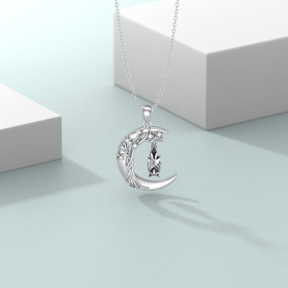 14K White Gold Moissanite Bat & Moon Pendant Necklace-4