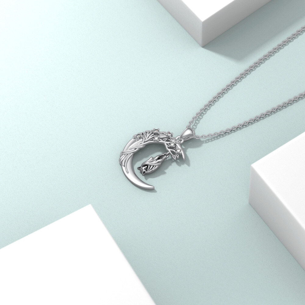 14K White Gold Moissanite Bat & Moon Pendant Necklace-5