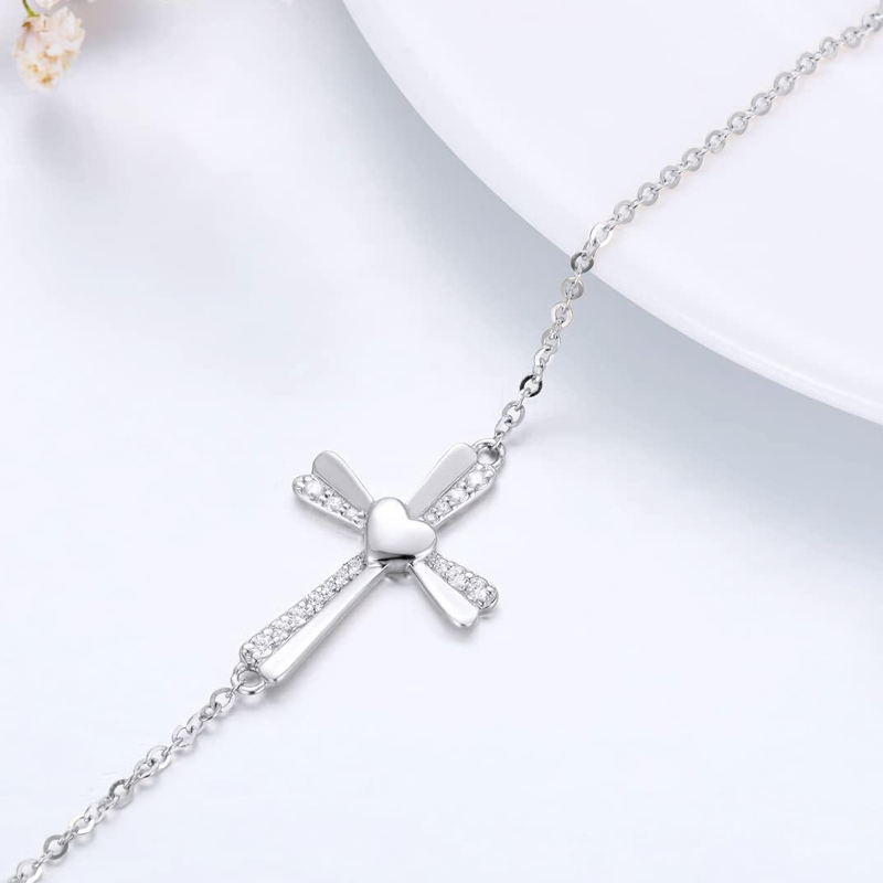 10K White Gold Moissanite Cross Charm Bracelet-4