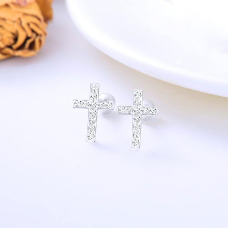 14K White Gold Moissanite Cross Stud Earrings-3