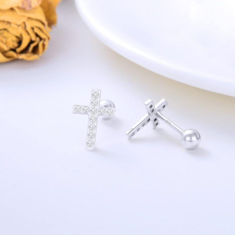 14K White Gold Moissanite Cross Stud Earrings-4