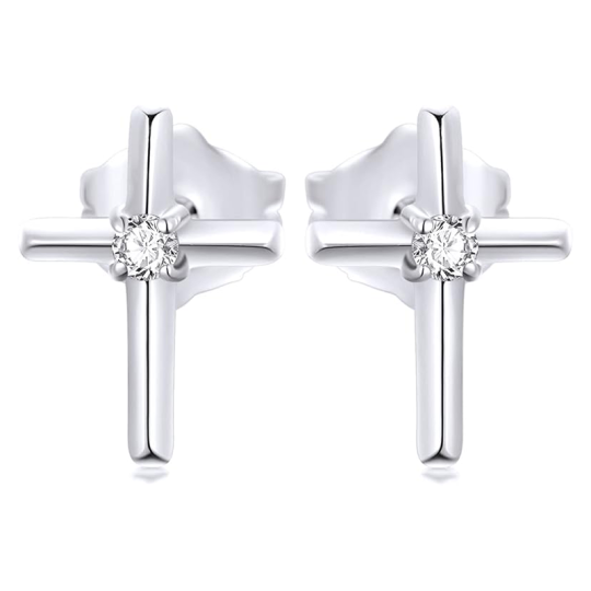 Boucles d'oreilles à tige en or blanc 14 carats avec croix en moissanite-1