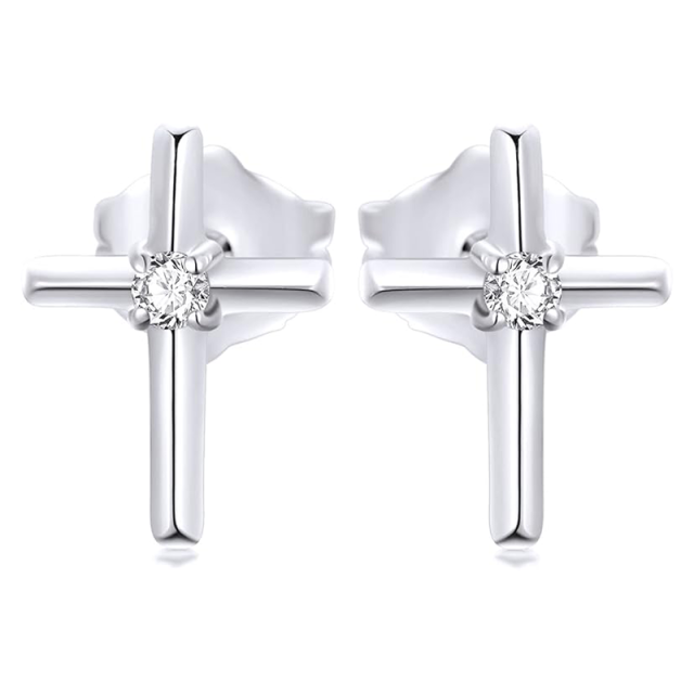 Boucles d'oreilles à tige en or blanc 14 carats avec croix en moissanite-1