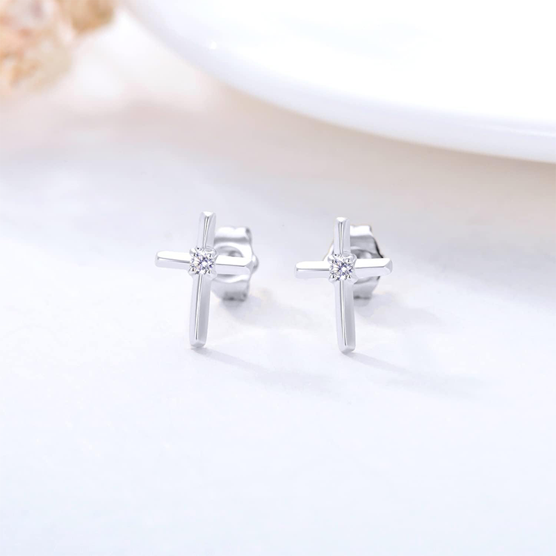 10K White Gold Moissanite Cross Stud Earrings-3