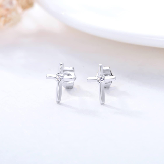 Orecchini a bottone con croce in moissanite in oro bianco 14K-3