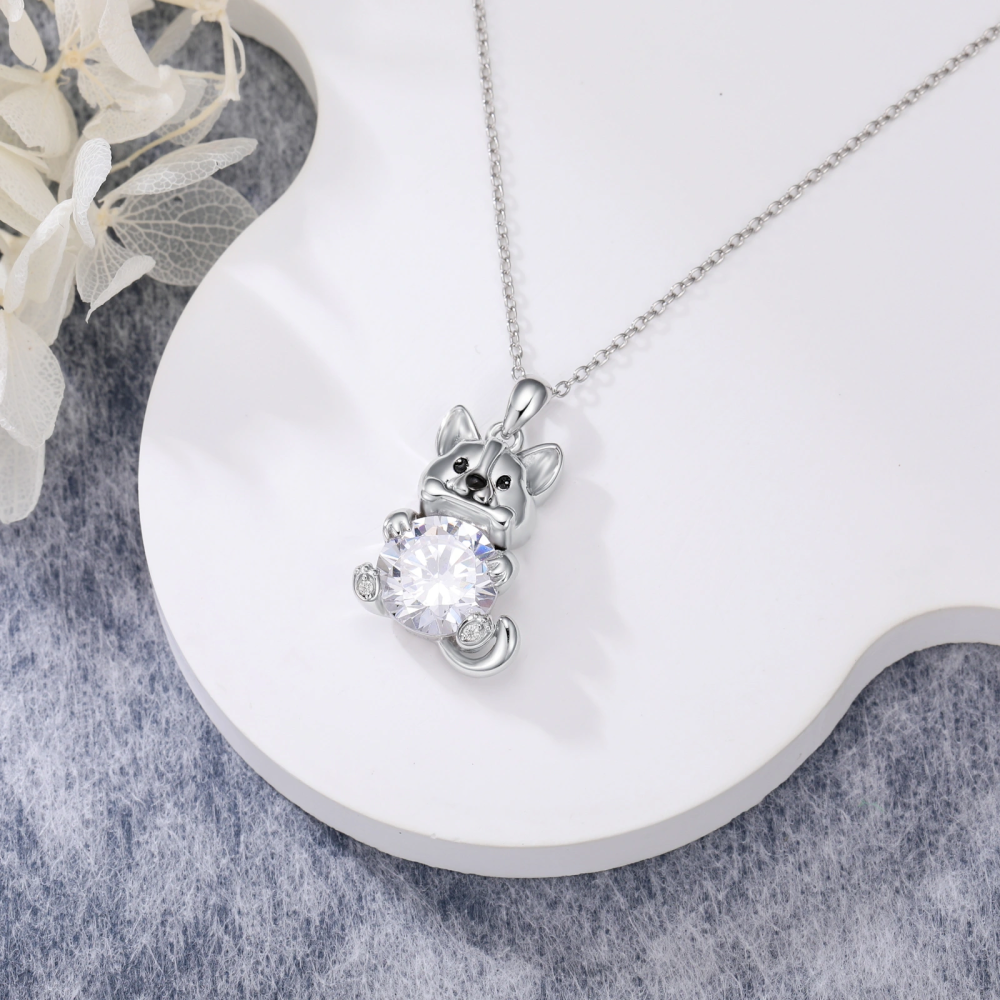 9K White Gold Moissanite Dog Pendant Necklace-4