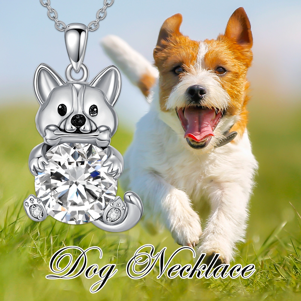 Collier avec pendentif chien en or blanc 14 carats et moissanite-5