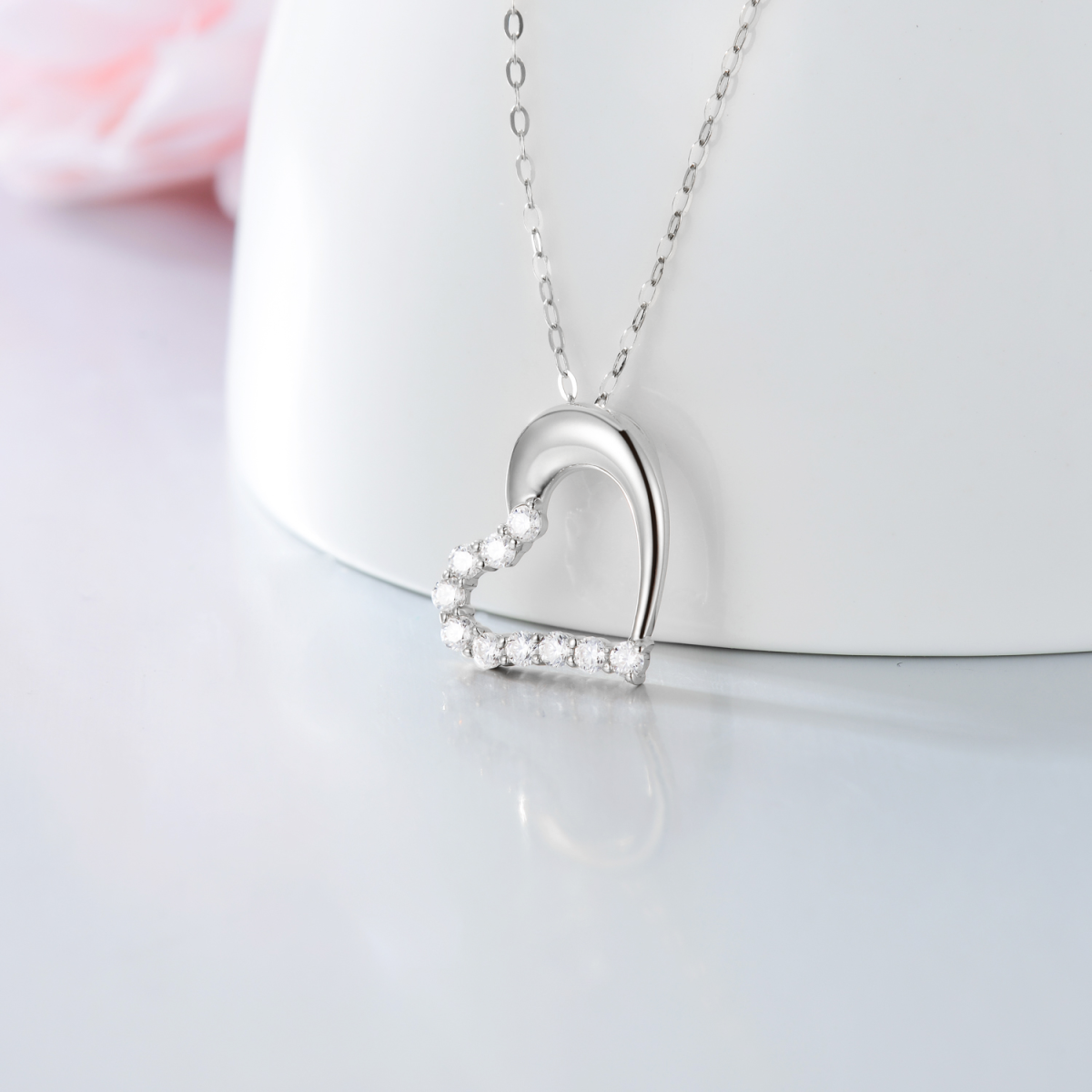 14K White Gold Moissanite Heart Pendant Necklace-3