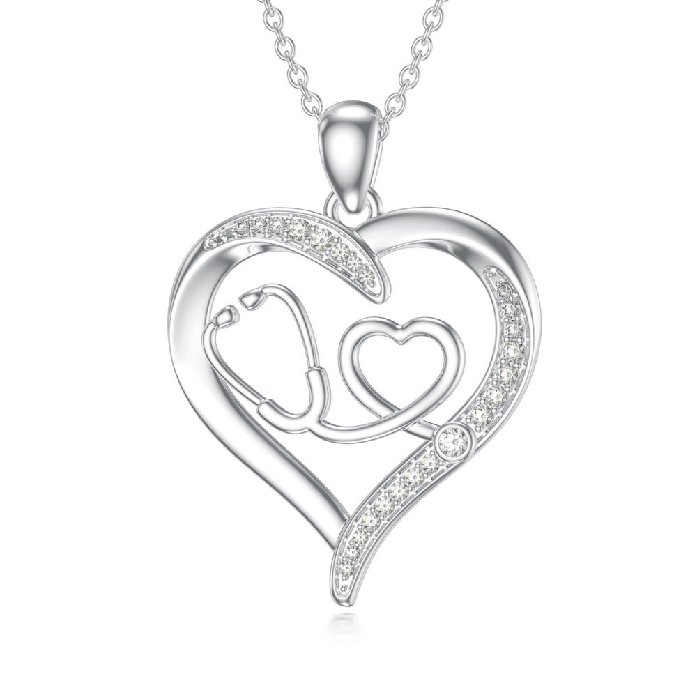 9K White Gold Moissanite Heart & Stethoscope Pendant Necklace-1