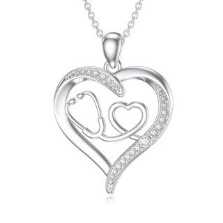9K White Gold Moissanite Heart & Stethoscope Pendant Necklace-2