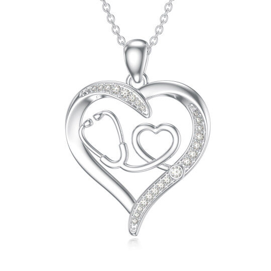 9K White Gold Moissanite Heart & Stethoscope Pendant Necklace
