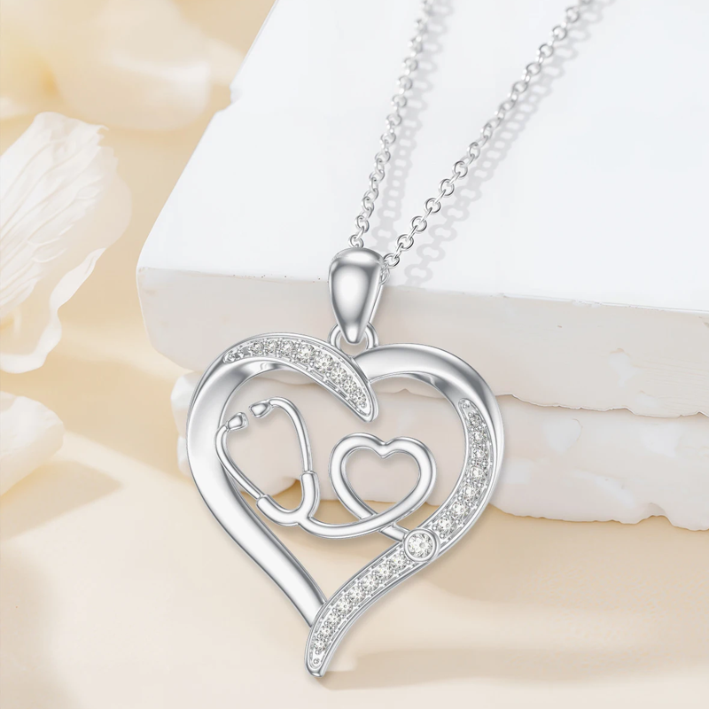9K White Gold Moissanite Heart & Stethoscope Pendant Necklace-3