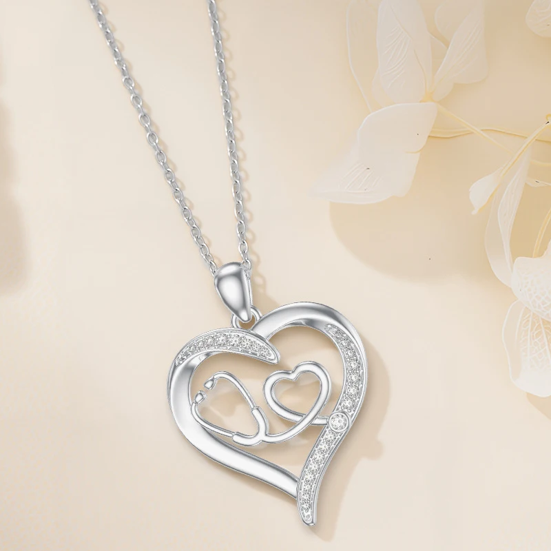 14K White Gold Moissanite Heart & Stethoscope Pendant Necklace-4