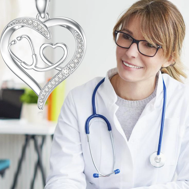 14K White Gold Moissanite Heart & Stethoscope Pendant Necklace-5