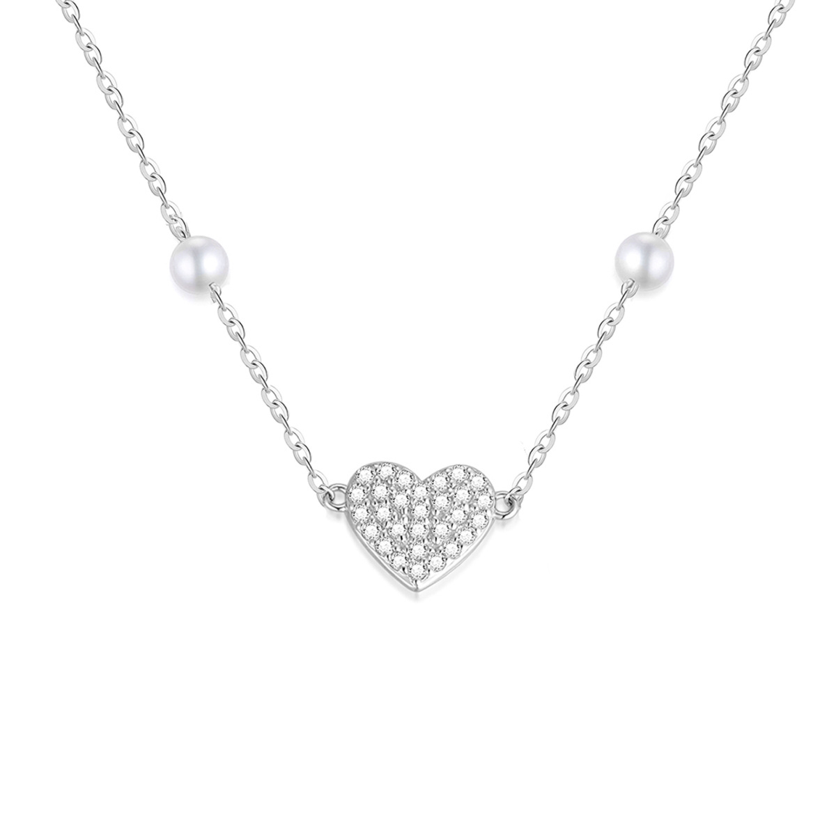 14K White Gold Moissanite & Pearl Heart Pendant Necklace-1