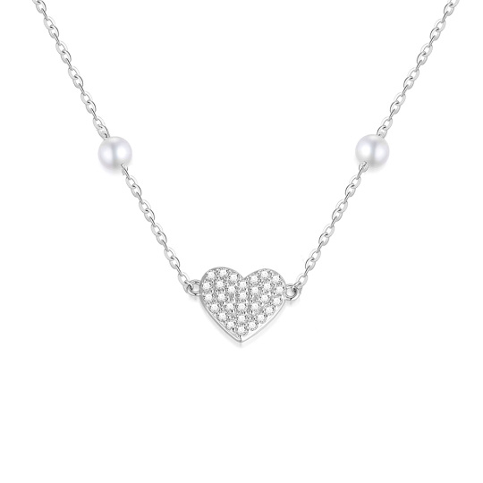 10K White Gold Moissanite & Pearl Heart Pendant Necklace