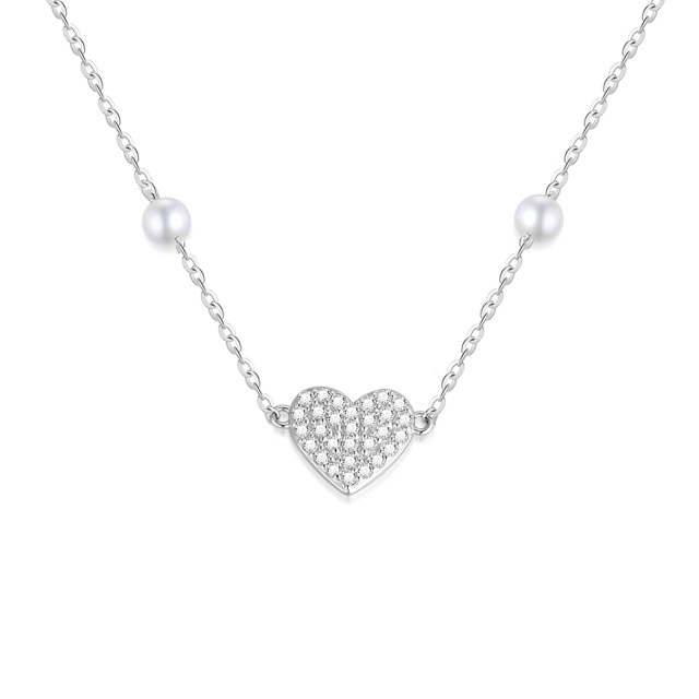 Collier pendentif coeur en or blanc 14K Moissanite et perle-1