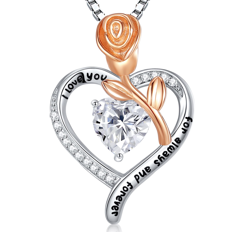 10K White Gold Moissanite Personalized Engraving Rose Heart Necklace for Women-1