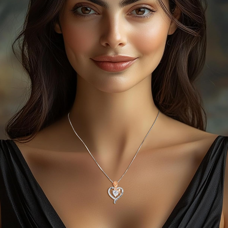 Collana con cuore rosa con incisione personalizzata in moissanite in oro bianco 10K per donna-2