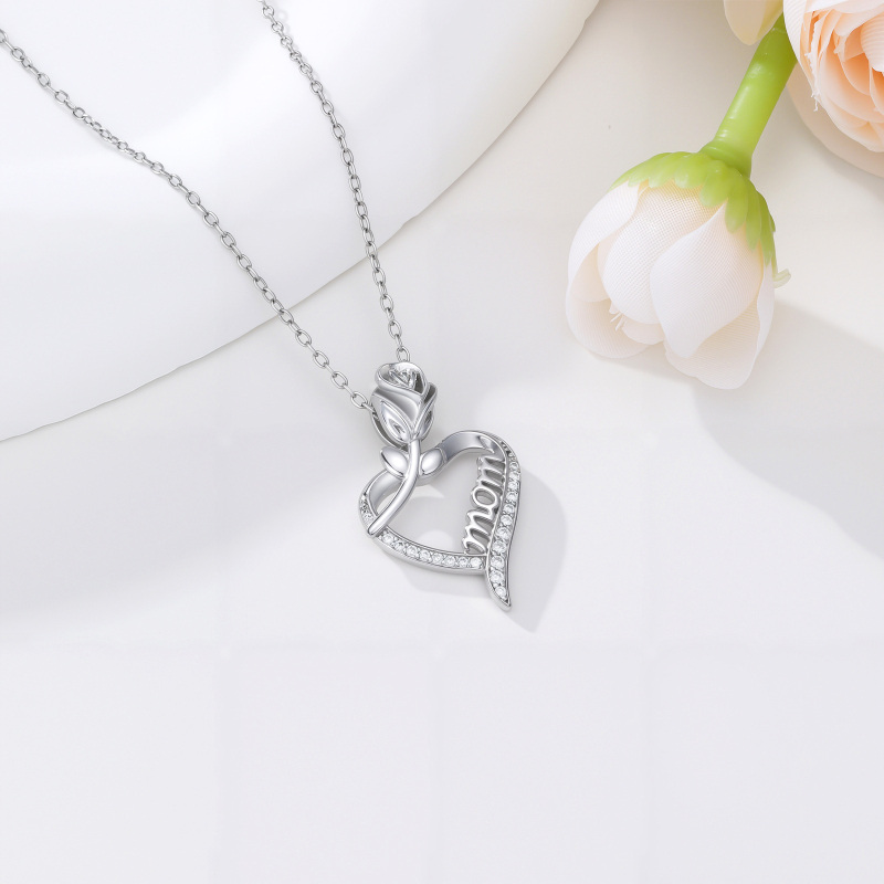 Colar de Pingente Rosa e Coração em Moissanita e Prata Esterlina-2