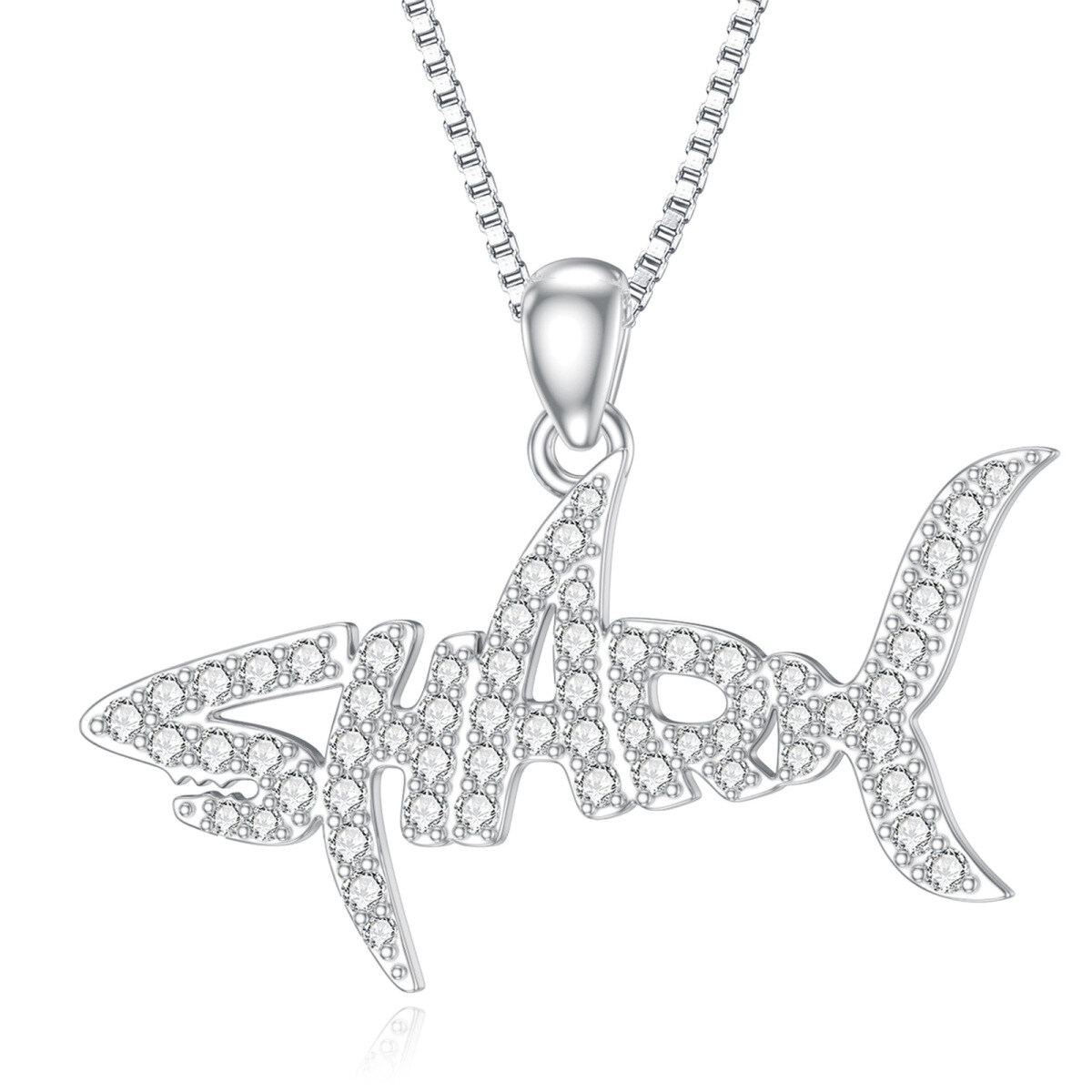 9K White Gold Moissanite Shark Pendant Necklace-1