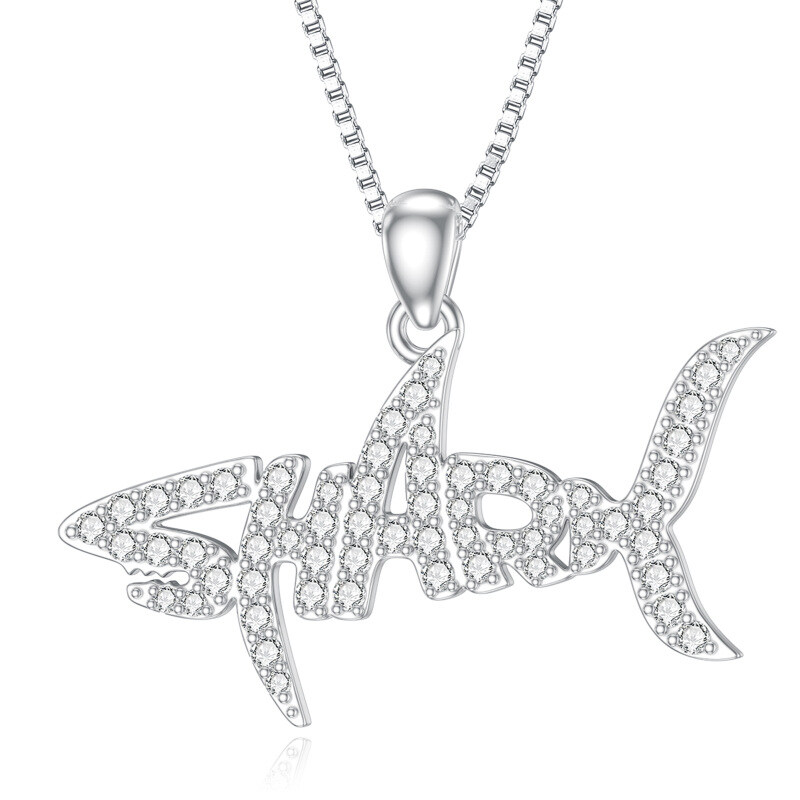9K White Gold Moissanite Shark Pendant Necklace-17