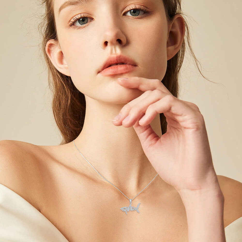 9K White Gold Moissanite Shark Pendant Necklace-2