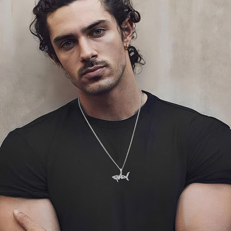 18K White Gold Moissanite Shark Pendant Necklace-3