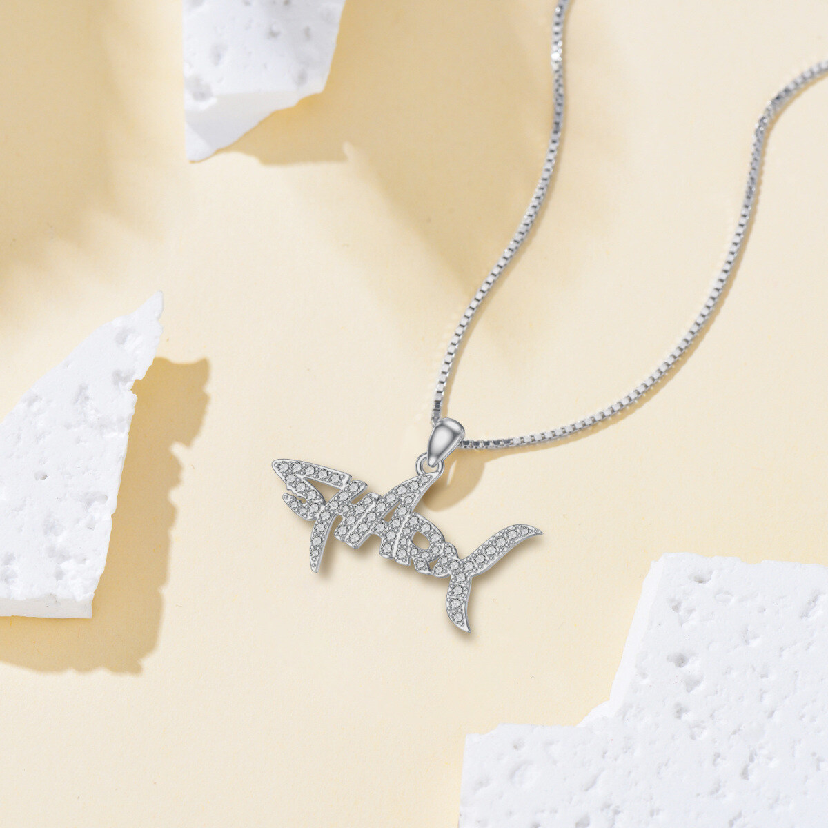 9K White Gold Moissanite Shark Pendant Necklace-4