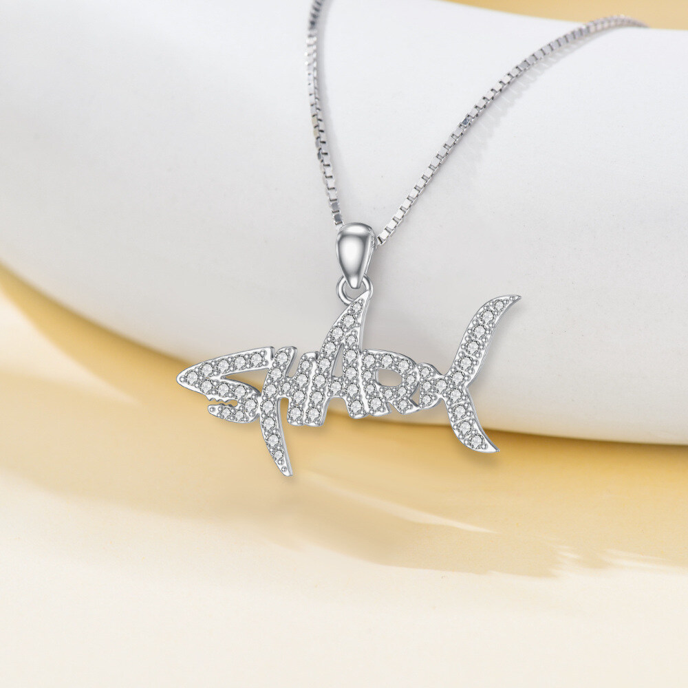 9K White Gold Moissanite Shark Pendant Necklace-5