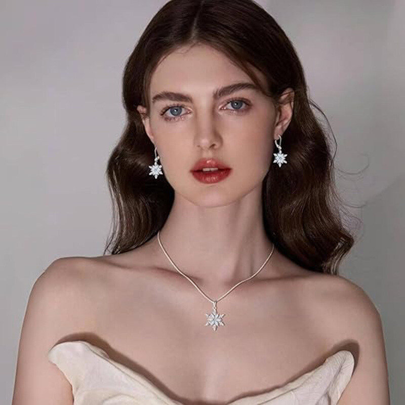 10K White Gold Moissanite Snowflake Drop Earrings-3