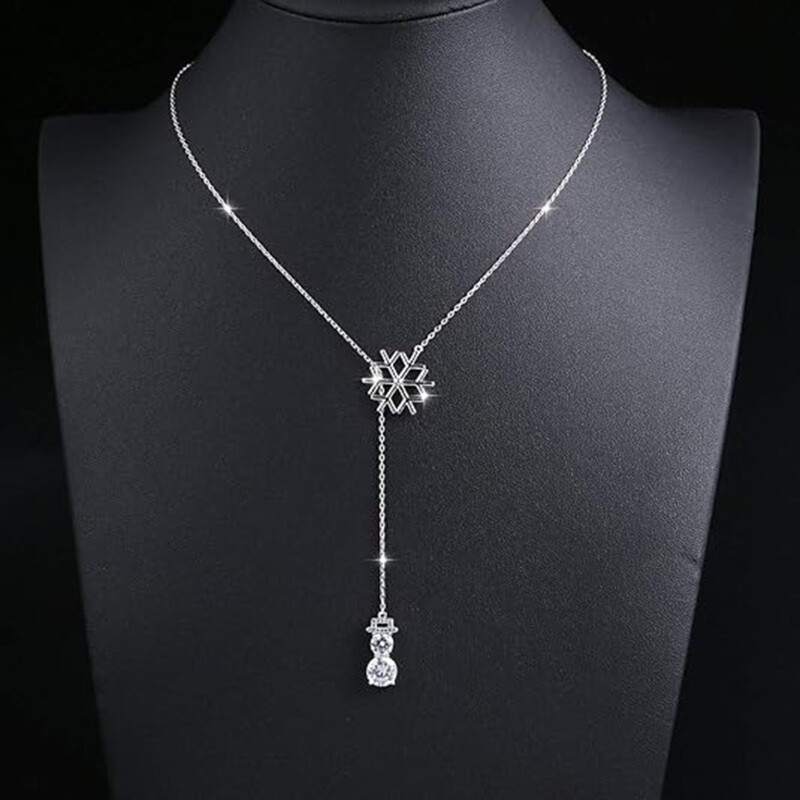 14Kホワイトゴールド モアッサナイト スノーフレーク＆スノーマン 調節可能Yネックレス-3