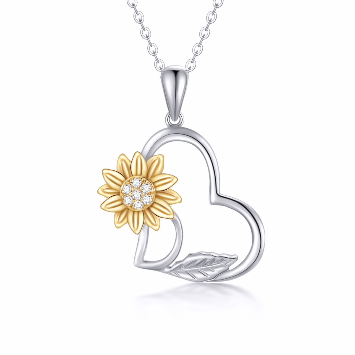 14K White Gold Moissanite Sunflower & Heart Pendant Necklace-1