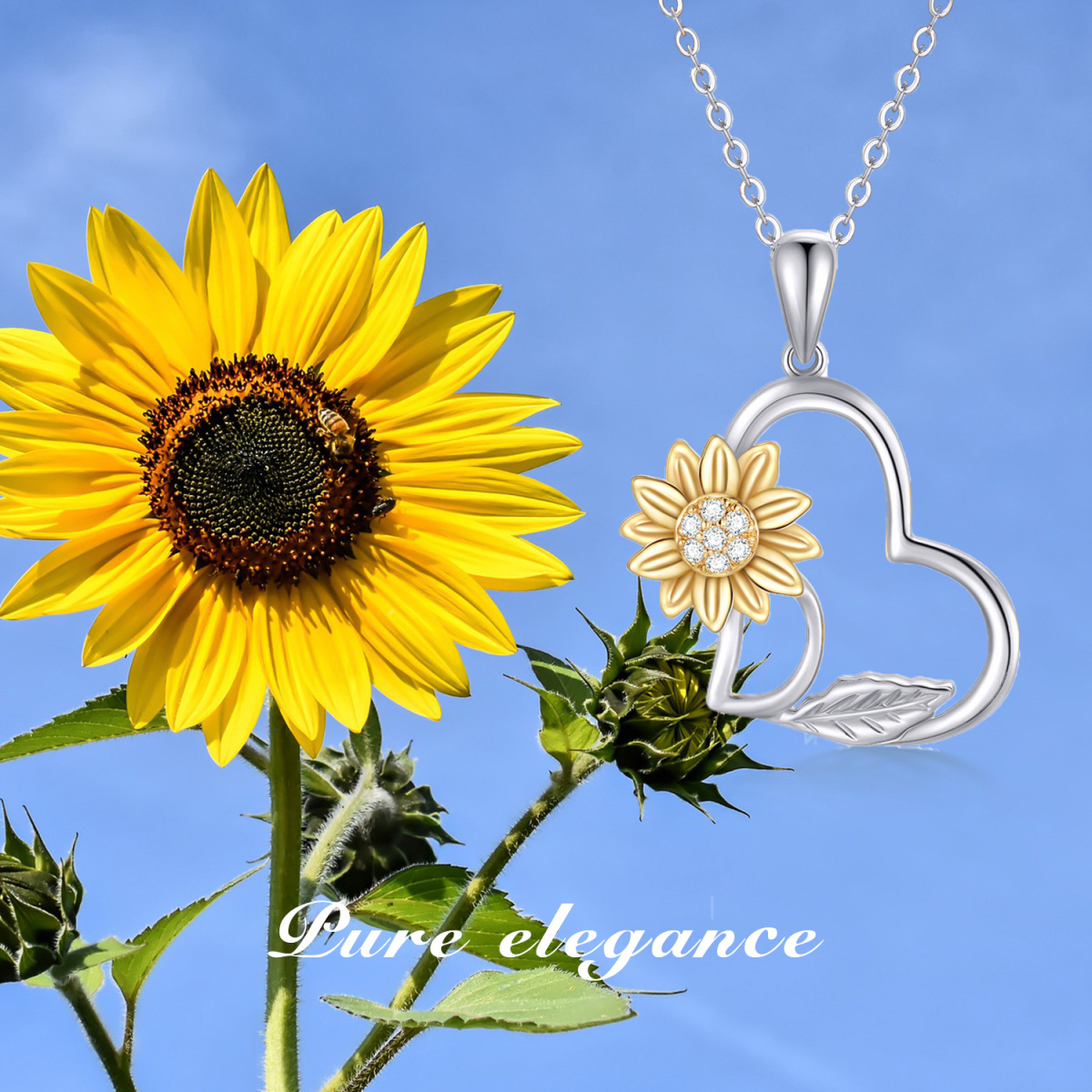 14K White Gold Moissanite Sunflower & Heart Pendant Necklace-5