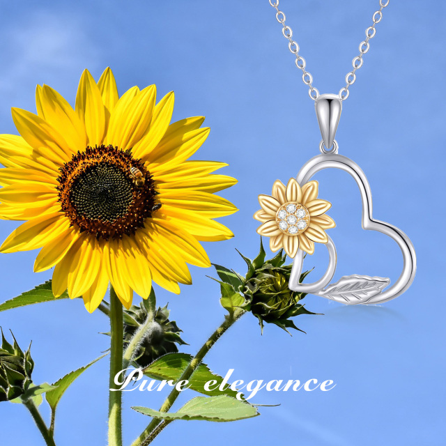 14K Weißgold Moissanit Sonnenblume & Herz-Anhänger Halskette-5