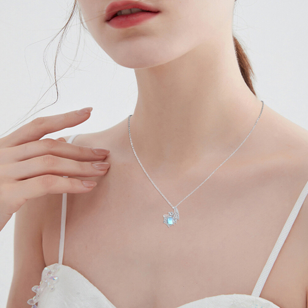 14K White Gold Moonstone Bat Pendant Necklace-3