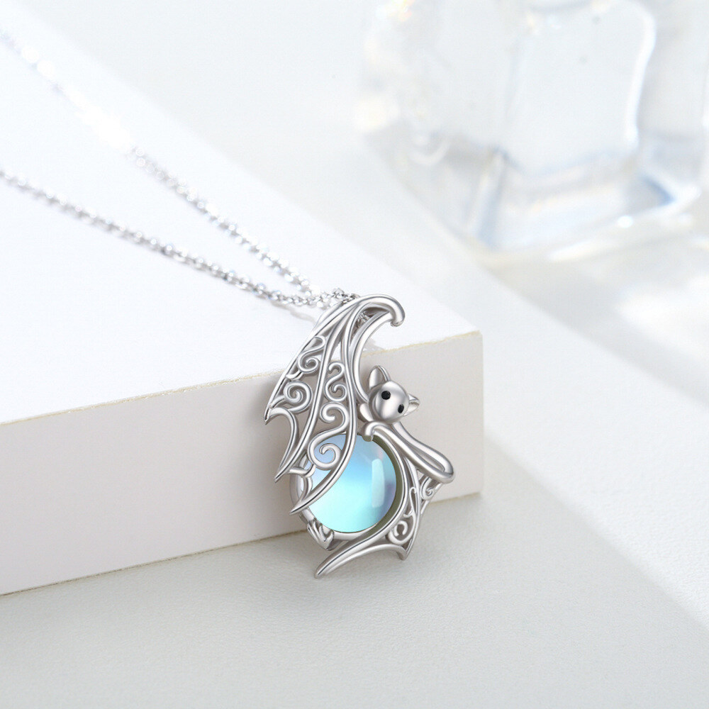 14K White Gold Moonstone Bat Pendant Necklace-4