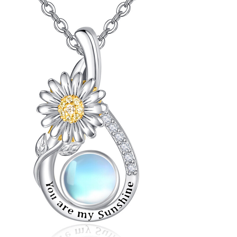 Sterling Silver Cubic Zirconia & Moonstone Daisy Pendant Necklace-3