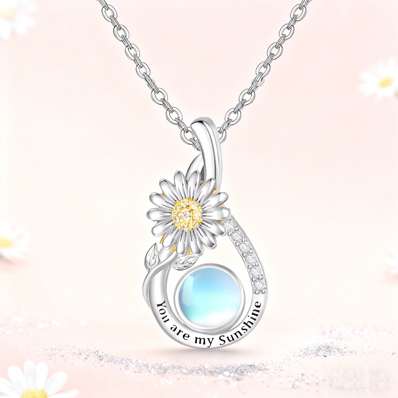 Collar con colgante de margarita de oro blanco de 14 quilates con circonitas cúbicas y piedra lunar-2