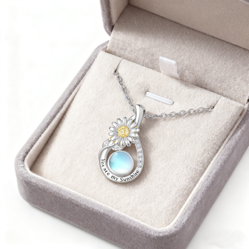 Collar con colgante de margarita de oro blanco de 14 quilates con circonitas cúbicas y piedra lunar-3