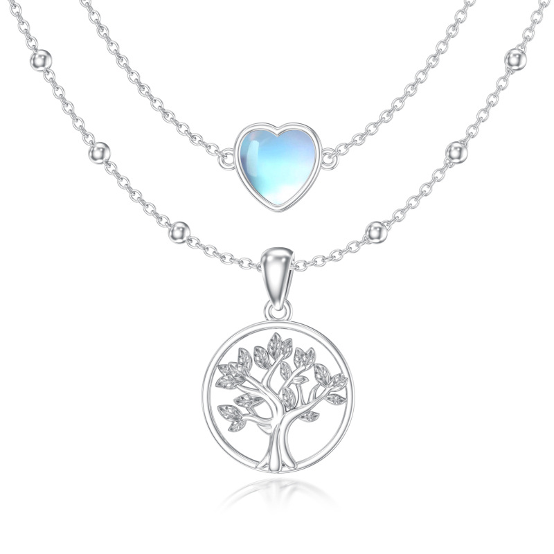 Sterling Silver Moonstone Tree Of Life & Heart Layered Necklace-1