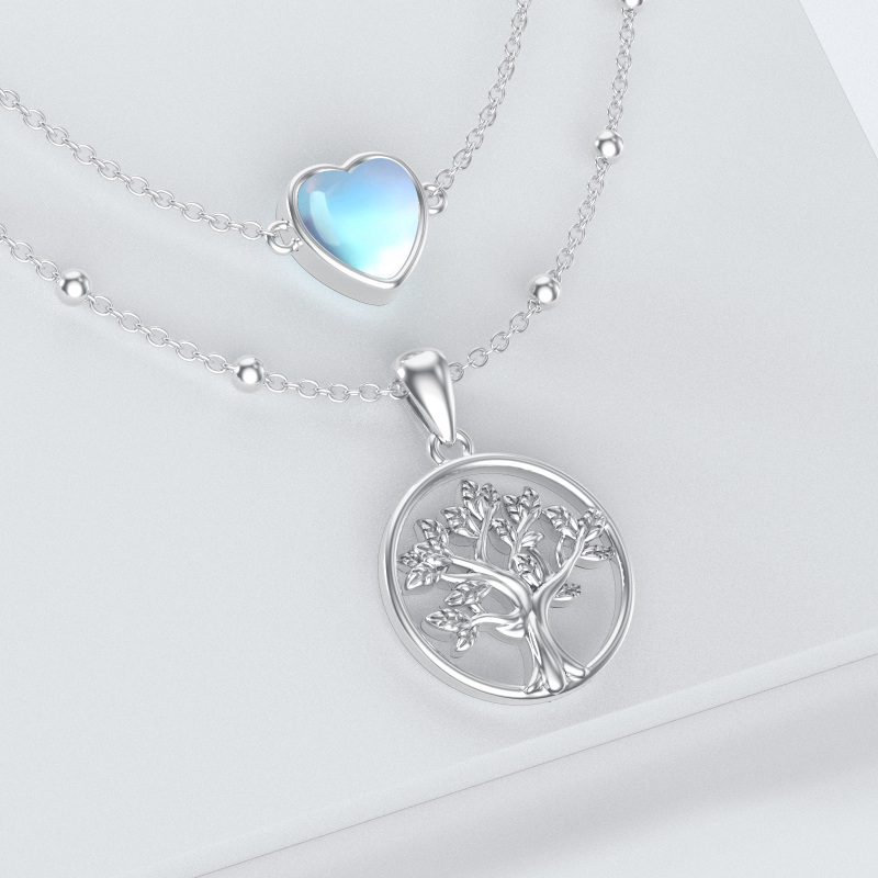 Sterling Silver Moonstone Tree Of Life & Heart Layered Necklace-2